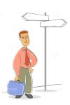 Business Man at Street Sign in Cartoon Style